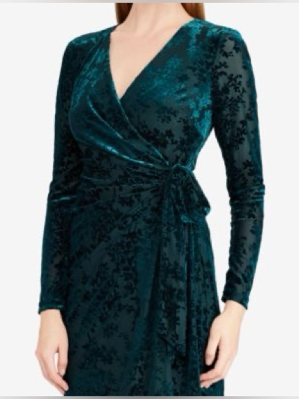 NWT Lauren Ralph Lauren Velvet Burnout Wrap Style Gown, Emerald Green, 16